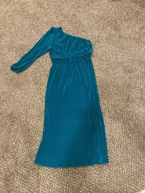 One-Shoulder Teal Pleated Maxi Dress - Women
